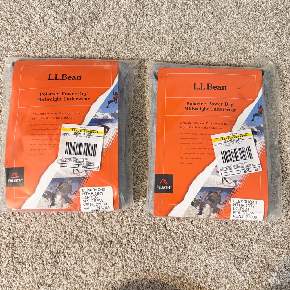 (2) '04 LL Bean Polartec Power Dry Midweight Underwear Crew Tops Mens L Gray USA